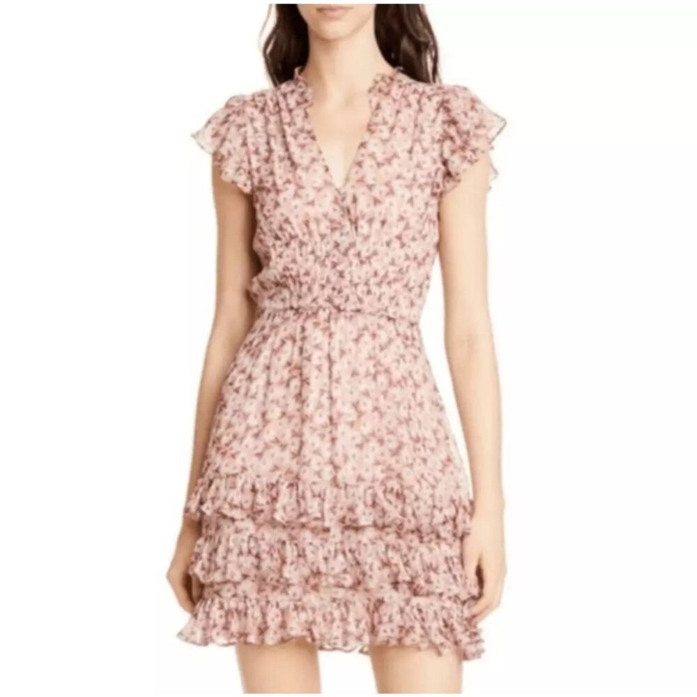 Rebecca Taylor Lucia Silk Pink Floral Dress size 4 Romantic Cottagecore Ruffles